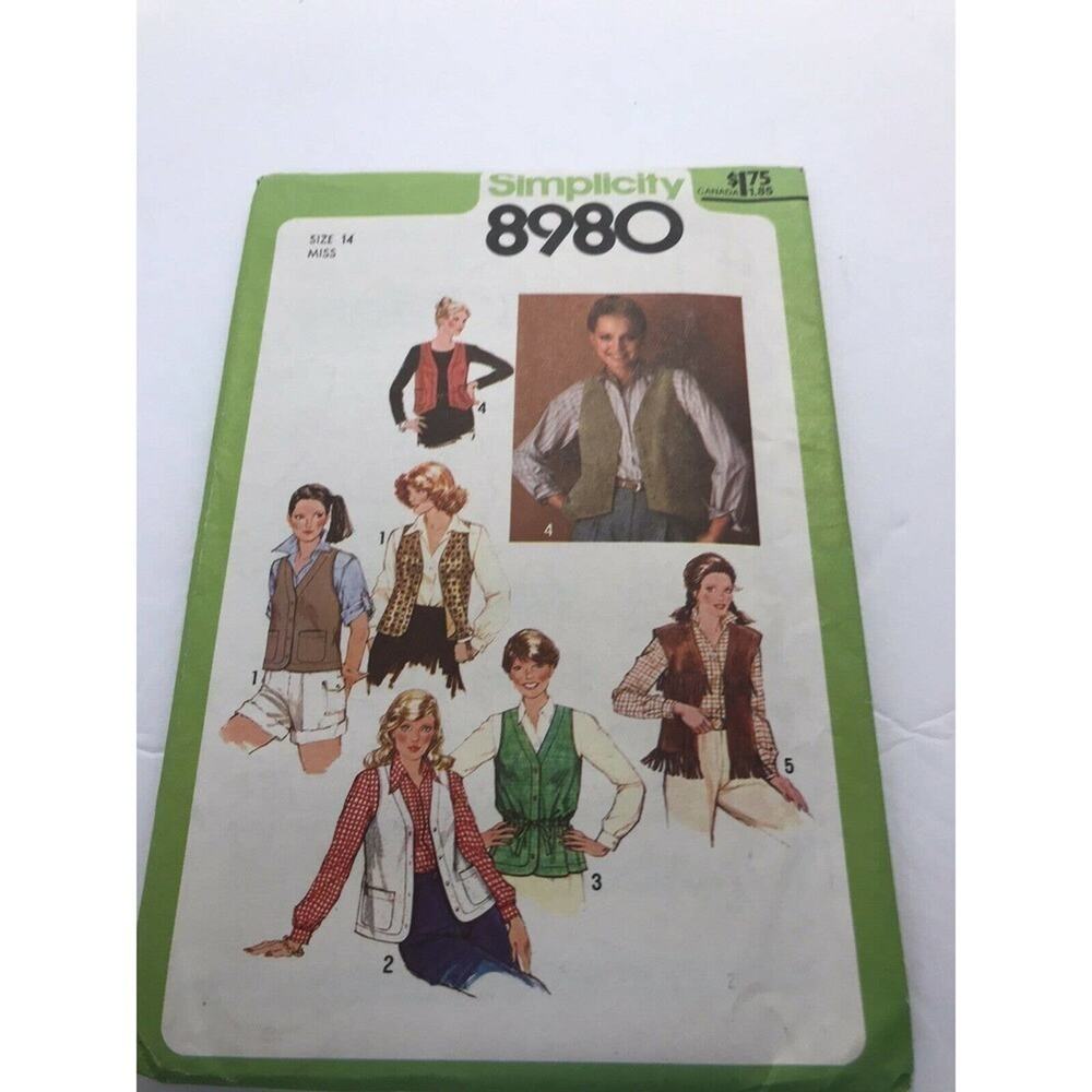 Simplicity 8980 Vest Vintage Sewing Pattern Size 14 Uncut